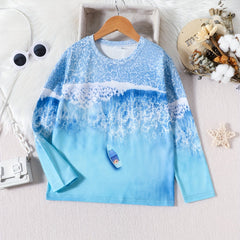 Ocean & Boat Print Kid's Pullover Long Sleeve Top