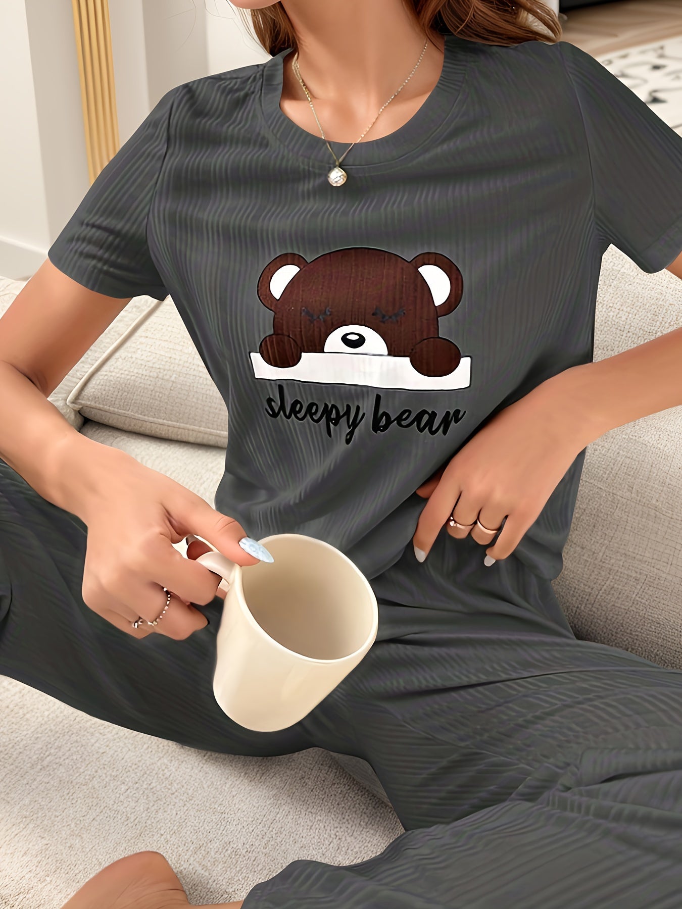 Cartoon Print Lounge Set Short Sleeve Crew Neck Top & Elastic Waistband Pants