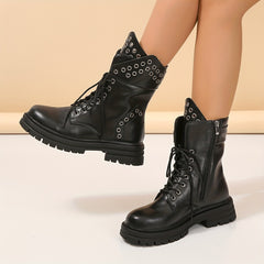 Solid Platform Combat Boots Lace Up Round Toe Non slip Mid Calf Shoes