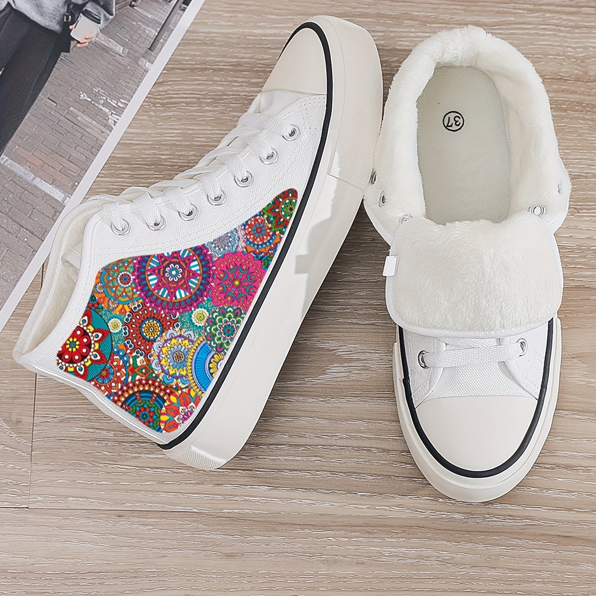 Girls High Top Abstract Pattern Skate Shoes with Plush Lining