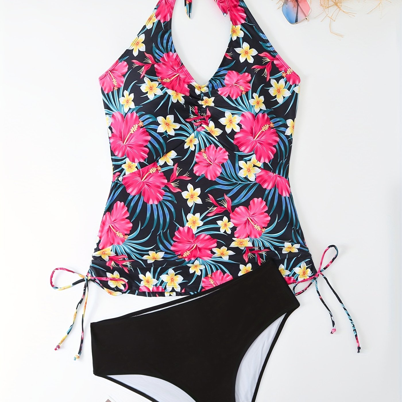 Boho Tankini Set Tropical Print Lace Up Halter Top & Panty Swimsuit