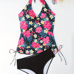 Boho Tankini Set Tropical Print Lace Up Halter Top & Panty Swimsuit