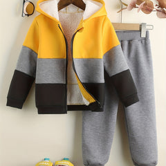 2pcs Boys Casual Block Long Sleeve Zip Up Sweatshirt & Sweatpants Sets