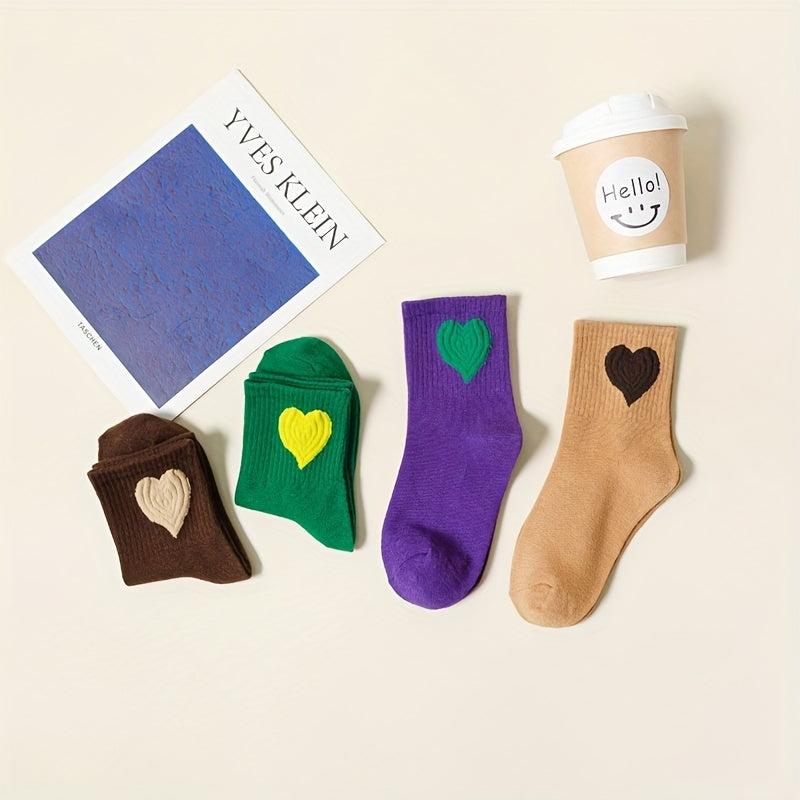 5prs Kids Retro Love Crew Socks Breathable Sweat Absorption All Seasons Socks