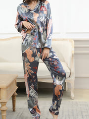 Leopard Print Satin Pajama Set Long Sleeve Top & Pants
