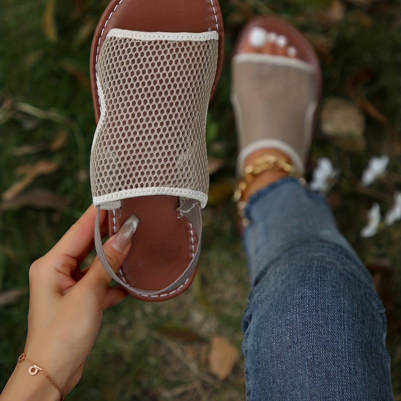 Women's Mesh Sandals Faux Leather Ankle Strap Shoes