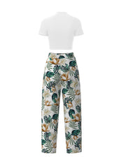 Boho Two Piece Set: Slim Tee & Tropical Print Pants