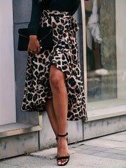 Leopard Print Ruffle Trim Skirt Boho Tie Waist Skirt