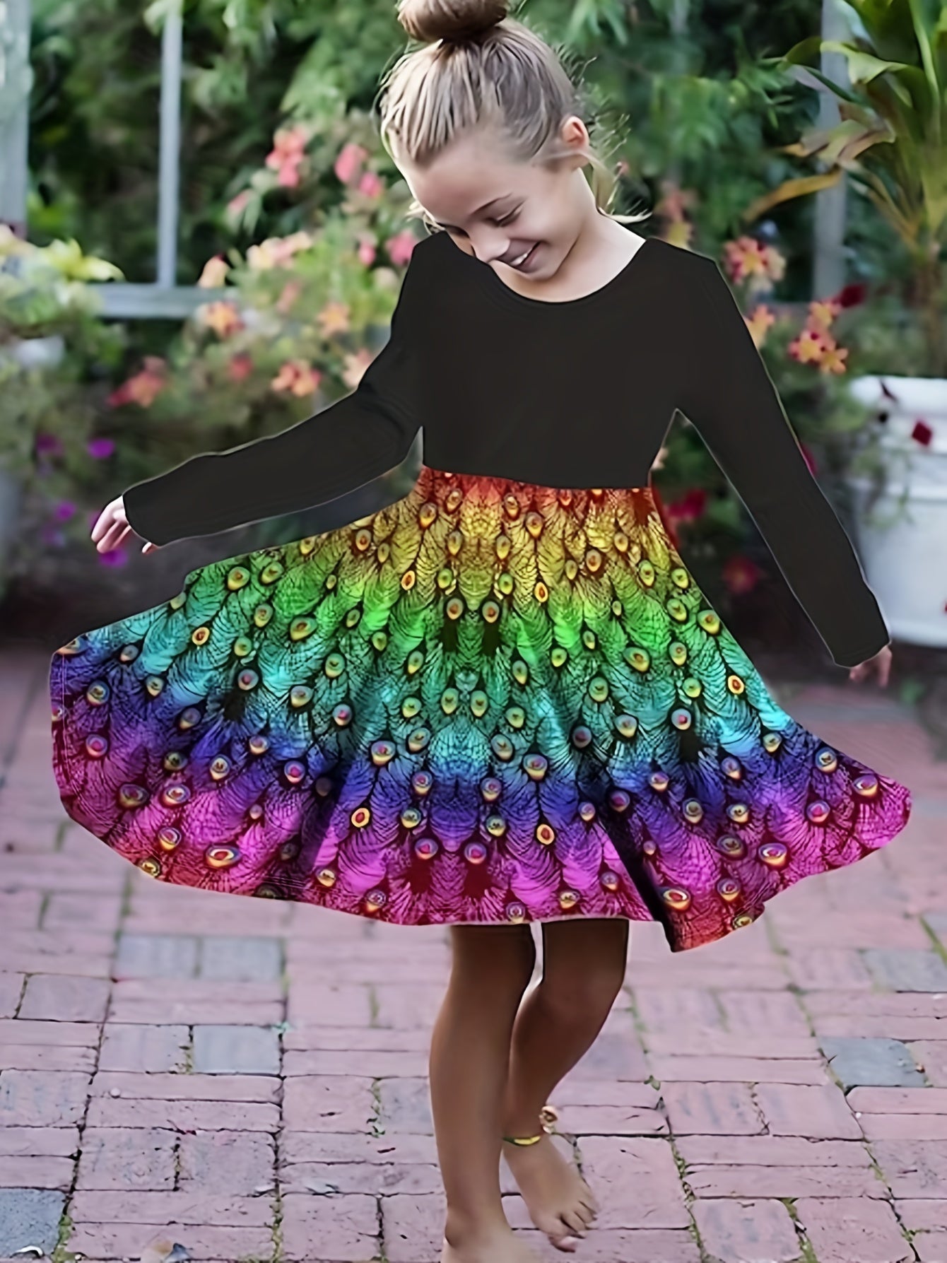 Rainbow Butterfly Long Sleeve Dress Girls Crew Neck Spring Fall