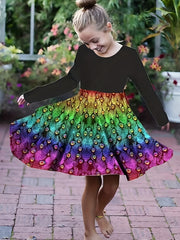 Rainbow Butterfly Long Sleeve Dress Girls Crew Neck Spring Fall