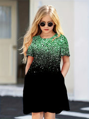 Girls Sequin Print Short Sleeve Dress for Summer