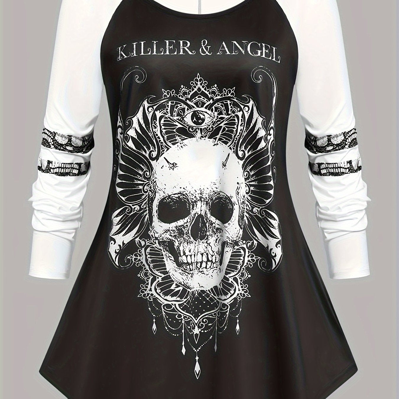 Plus Size Gothic Dress Skull & Letter Print Lace Tie Back A line Mini Dress