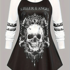 Plus Size Gothic Dress Skull & Letter Print Lace Tie Back A line Mini Dress