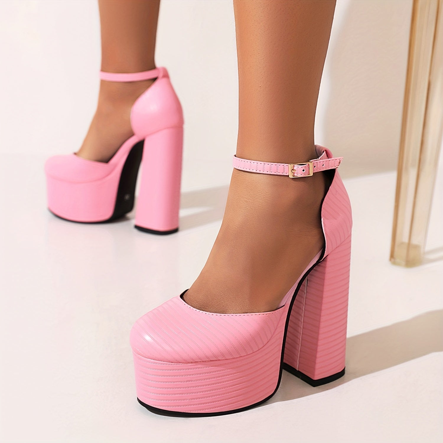 Women's Block Heel Platform Pumps with Buckle Strap