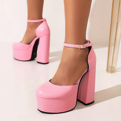 Women's Block Heel Platform Pumps with Buckle Strap