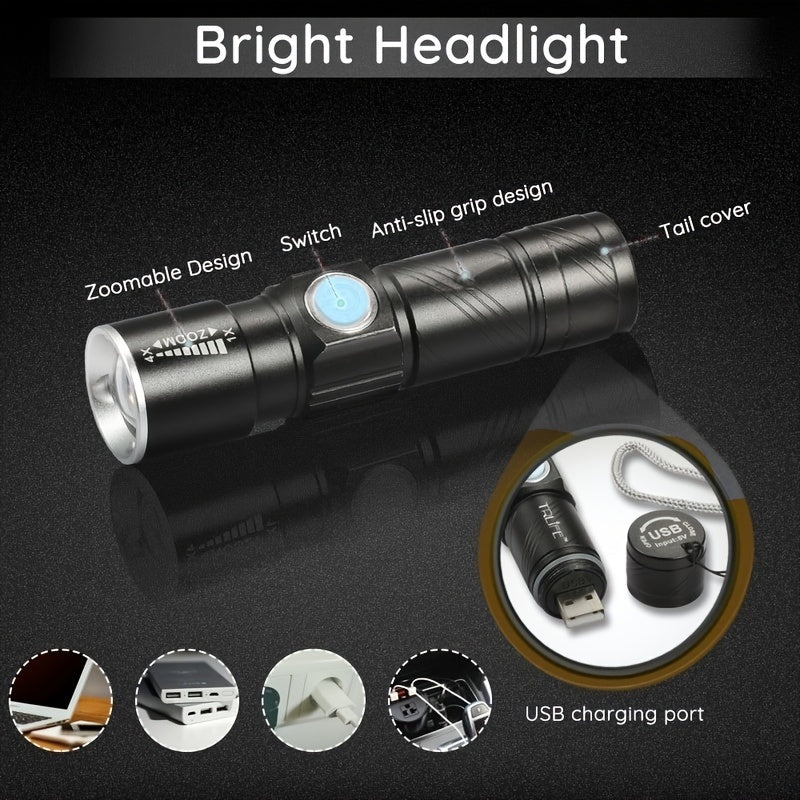 LED Bike Light Kit USB Rechargeable Front & Rear Zoomable Lights