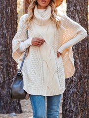 Solid Cable Bat Sleeve Turtle Neck Jumper