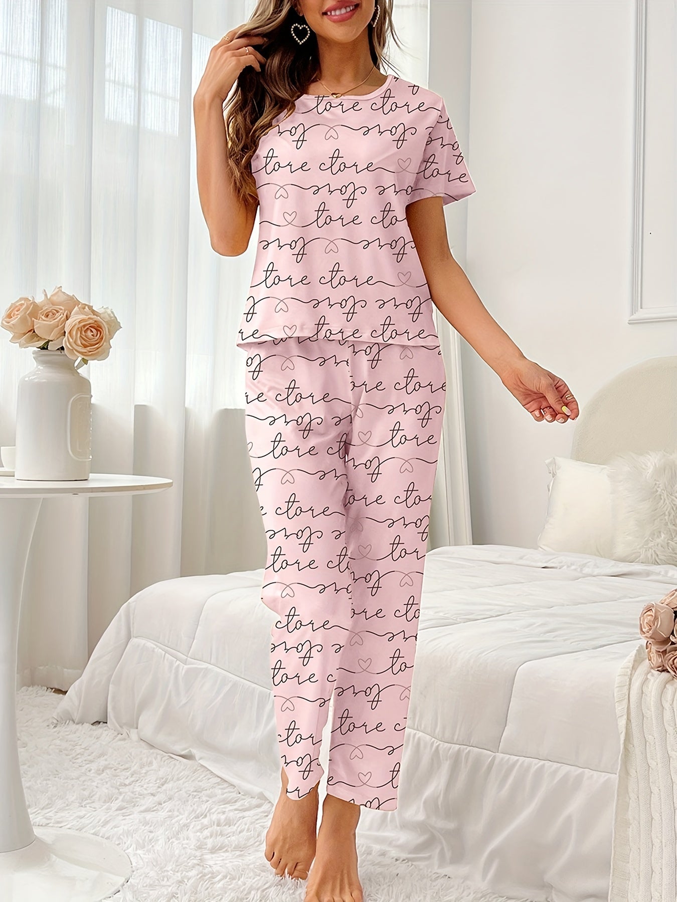 Casual Letter Print Pajama Set Short Sleeve Top & Elastic Waistband Pants