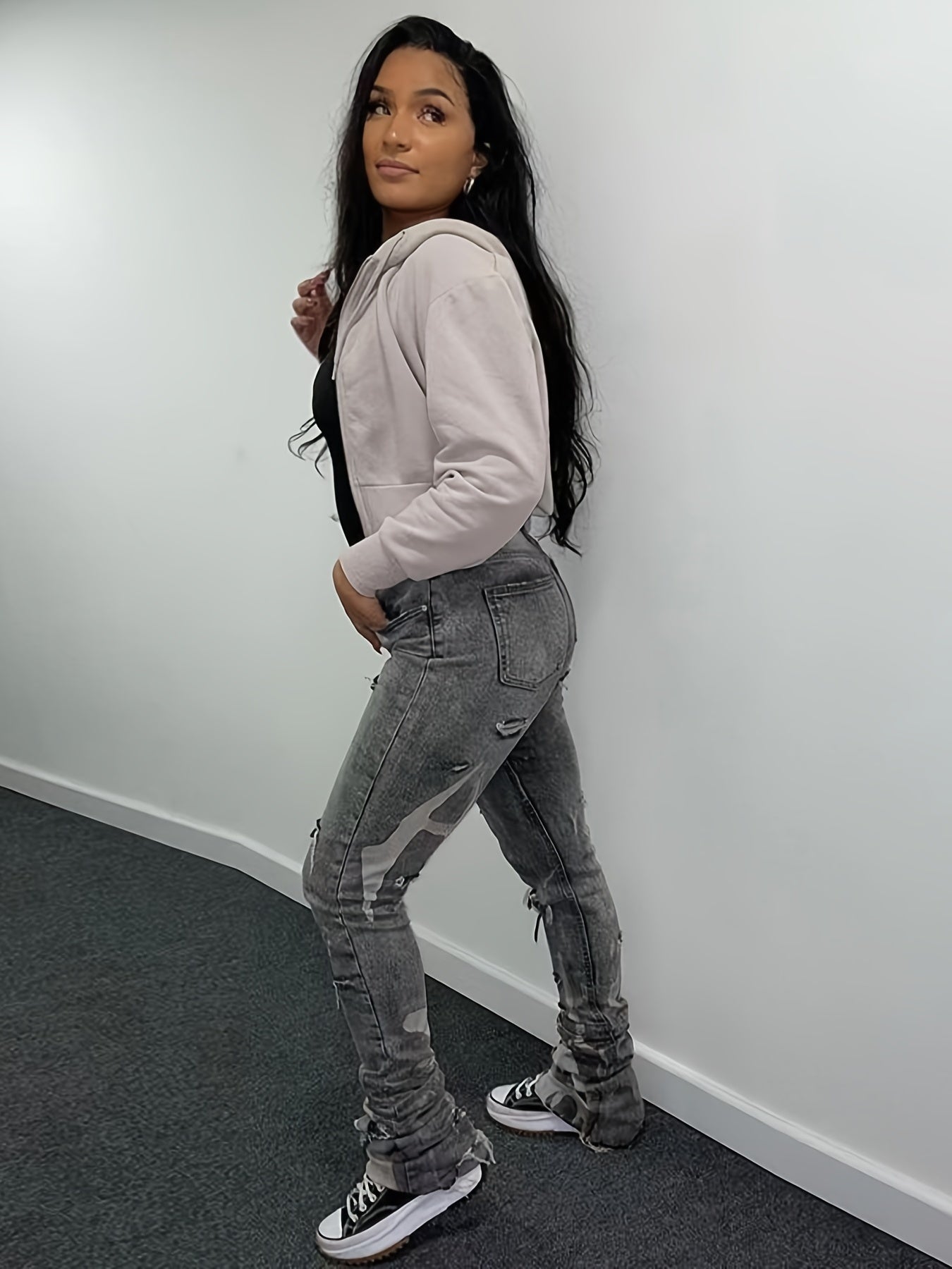 Grey Ripped Holes High Stretch Denim Pants Women's Jeans