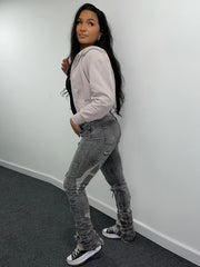 Grey Ripped Holes High Stretch Denim Pants Women's Jeans