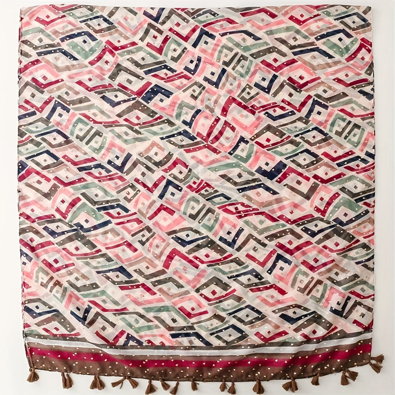 Boho Geometric Print Tassel Scarf - Vintage Style Shawl