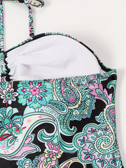 Boho Swimsuit Paisley Print Halter One Piece Bathing Suit