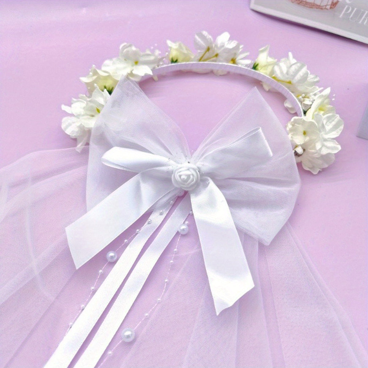 Bridal Veil with Floral Headband Sheer Lace Layer Flowers Bow Accent