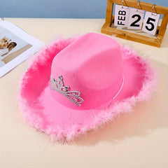 Pink Feather Brim Cowboy Hat Crown Decor Western Sun Hat Hip Hop Breathable