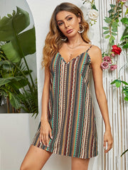 Tribal Stripe Print Spaghetti Strap Dress