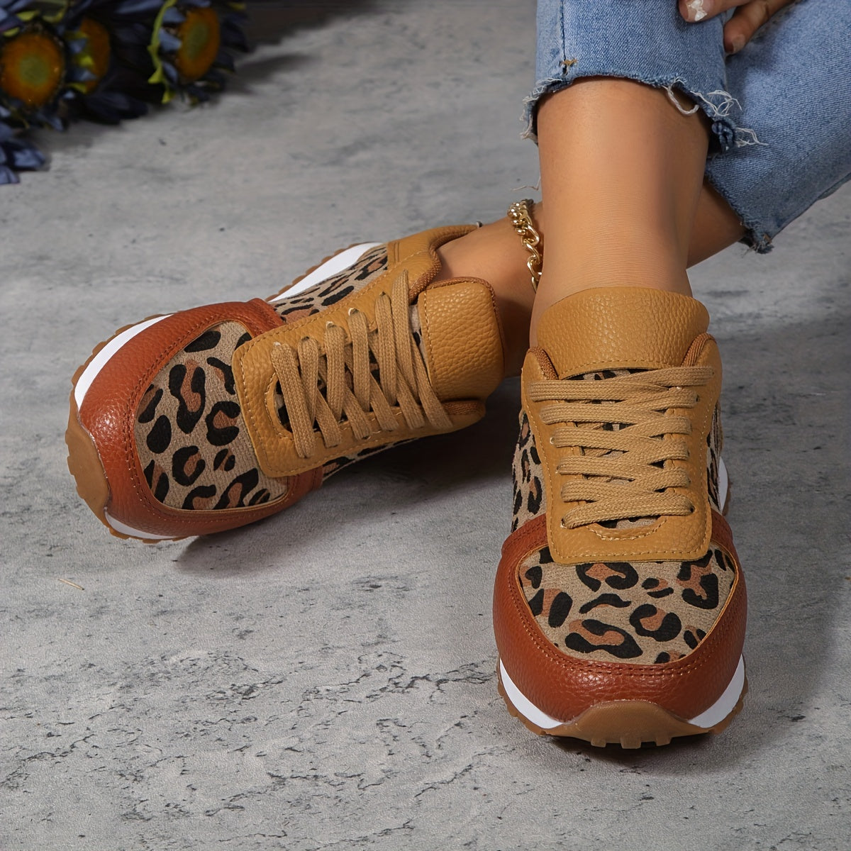 Leopard Print Lace Up Flat Sneakers Women's Non Slip Shoes