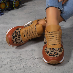 Leopard Print Lace Up Flat Sneakers Women's Non Slip Shoes