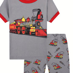 Boy's Train Graphic Print Pajamas T shirt & Shorts Set