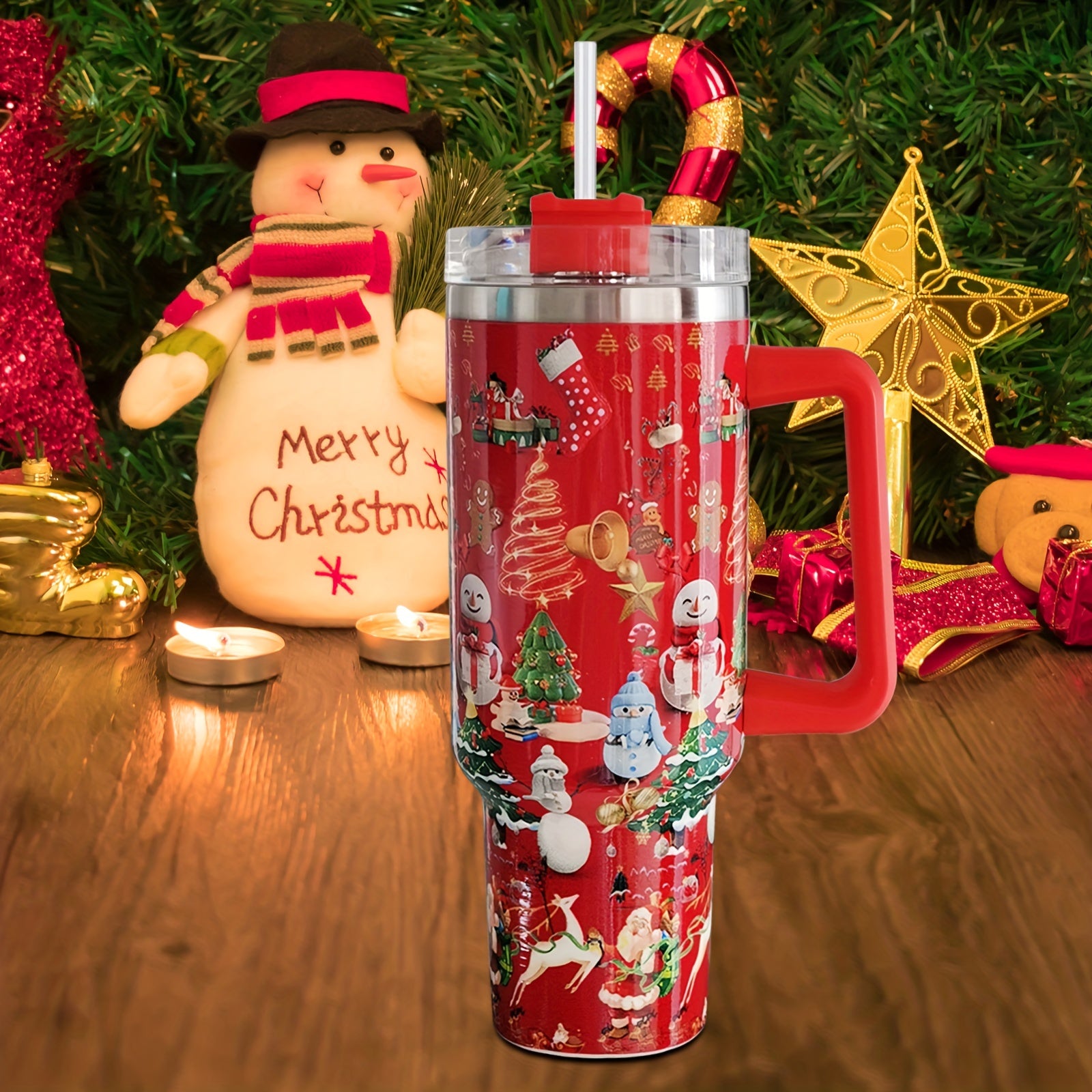 40oz Christmas Insulated Tumbler with Handle & Straw