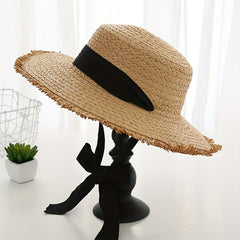 Ribbon Bowknot Straw Hat UV Protection Wide Brim Travel Beach Hat