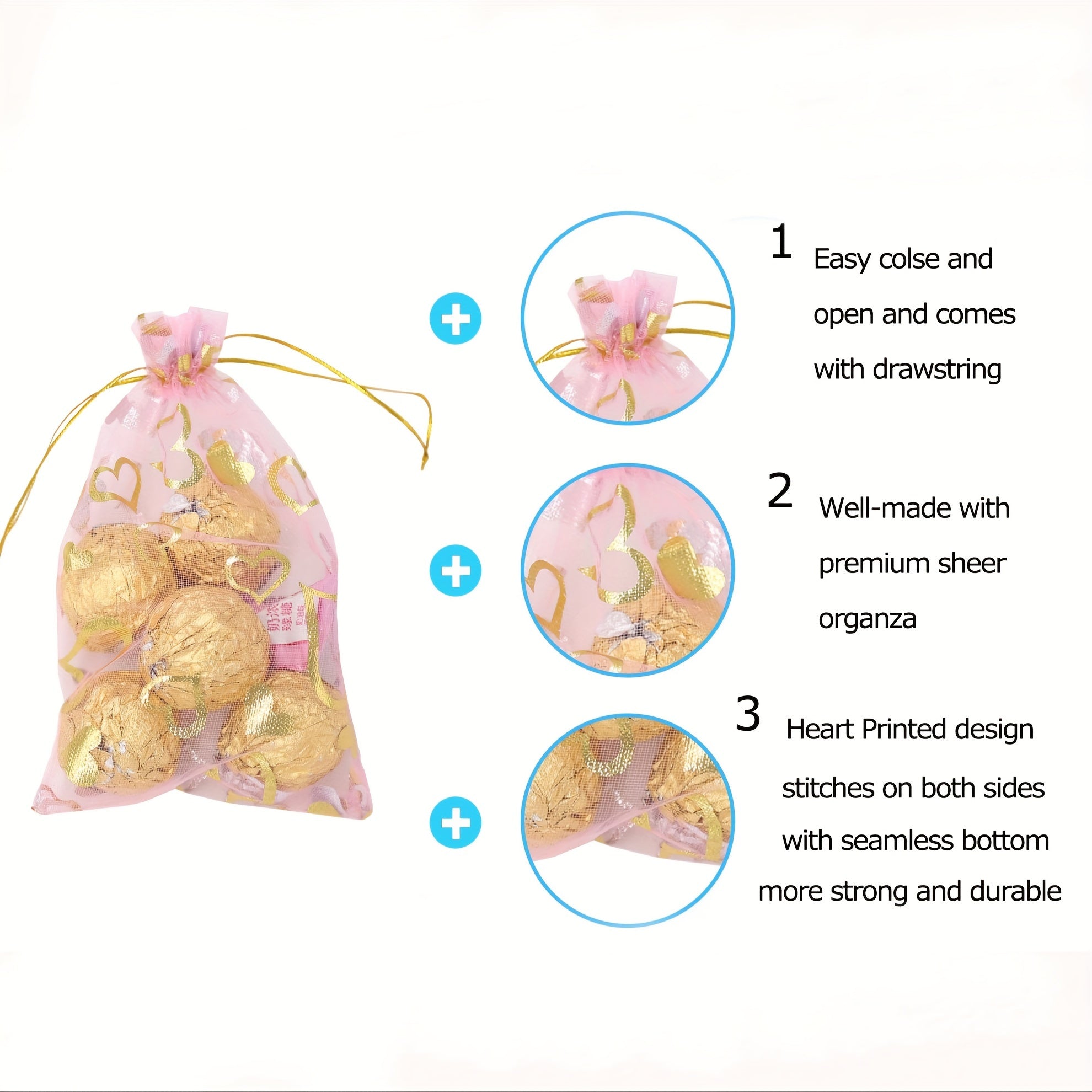 100pcs Heart-Shaped Organza Drawstring Pouch for Gifts, Candy, Jewelry