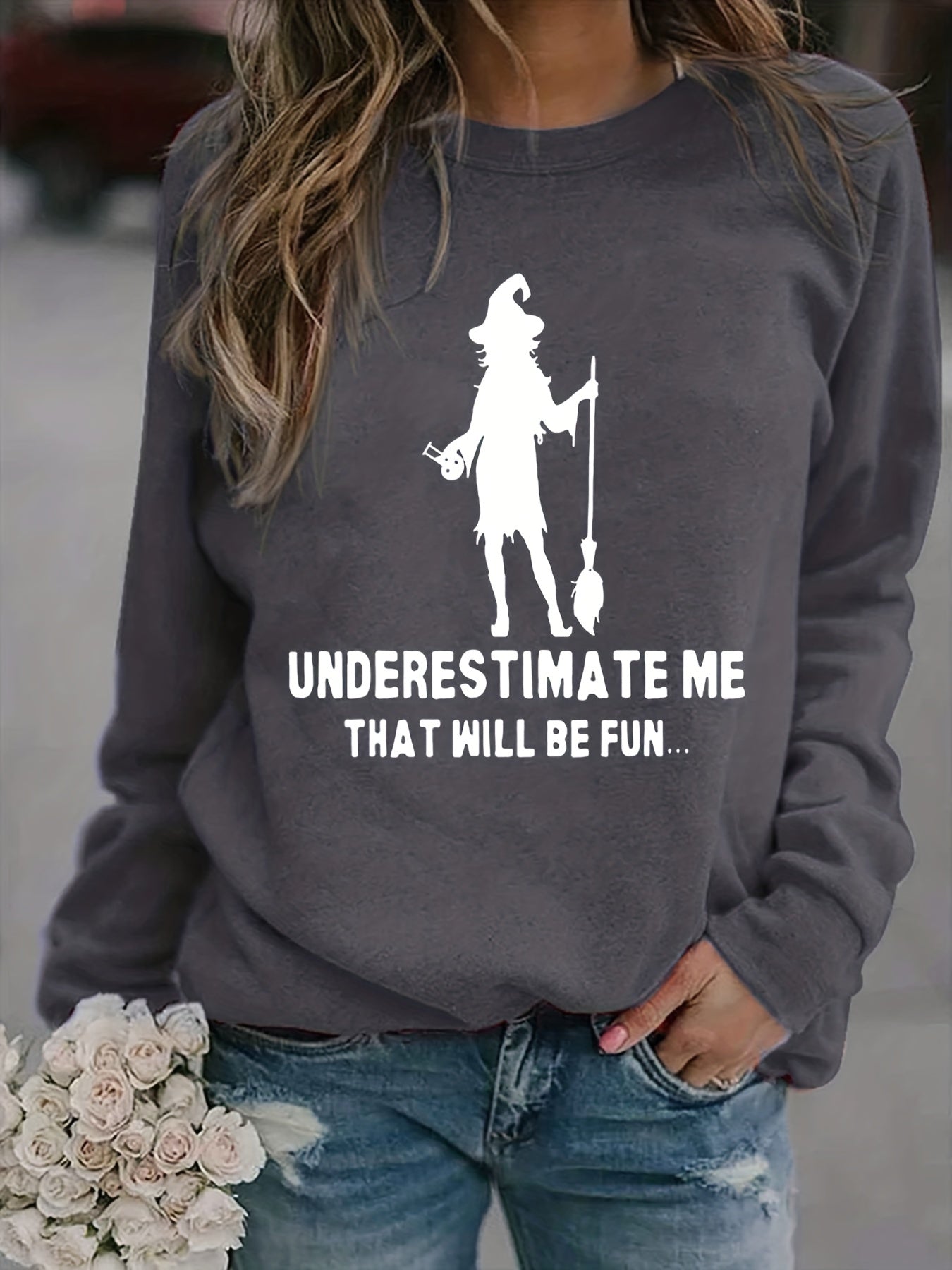 Halloween Witch Print Sweatshirt Casual Long Sleeve Crew Neck Women's Clothing