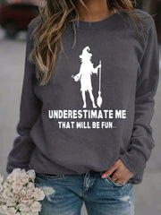 Halloween Witch Print Sweatshirt Casual Long Sleeve Crew Neck Women's Clothing