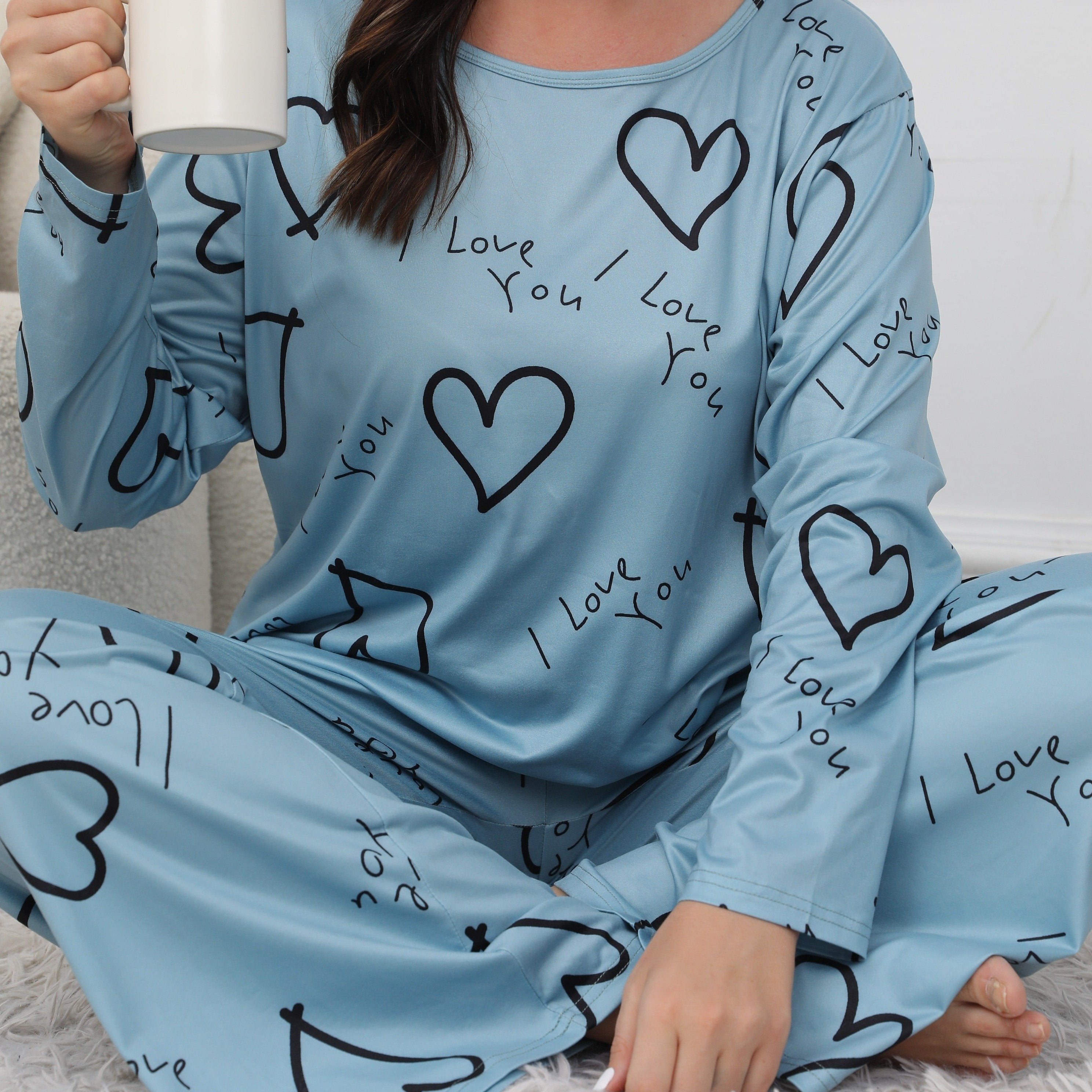 Heart & Letter Print Pajama Set Long Sleeve Tee & Pants Lounge 2 Pc