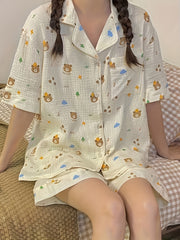 Cartoon Bear Print Lounge Set Short Sleeve Top & Shorts Women's Loungewear