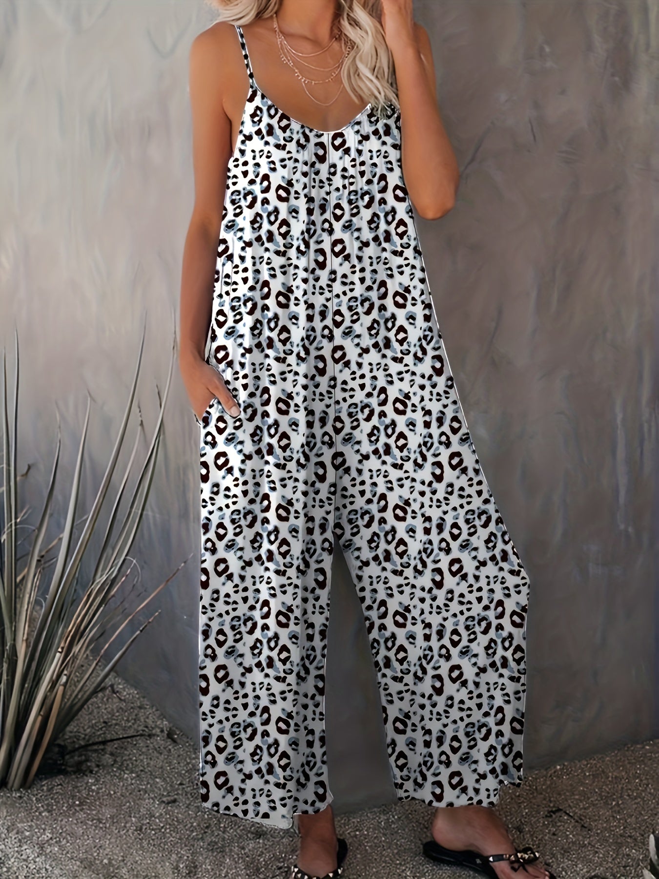Leopard Print Wide Leg Jumpsuit Sleeveless Casual Jumpsuit