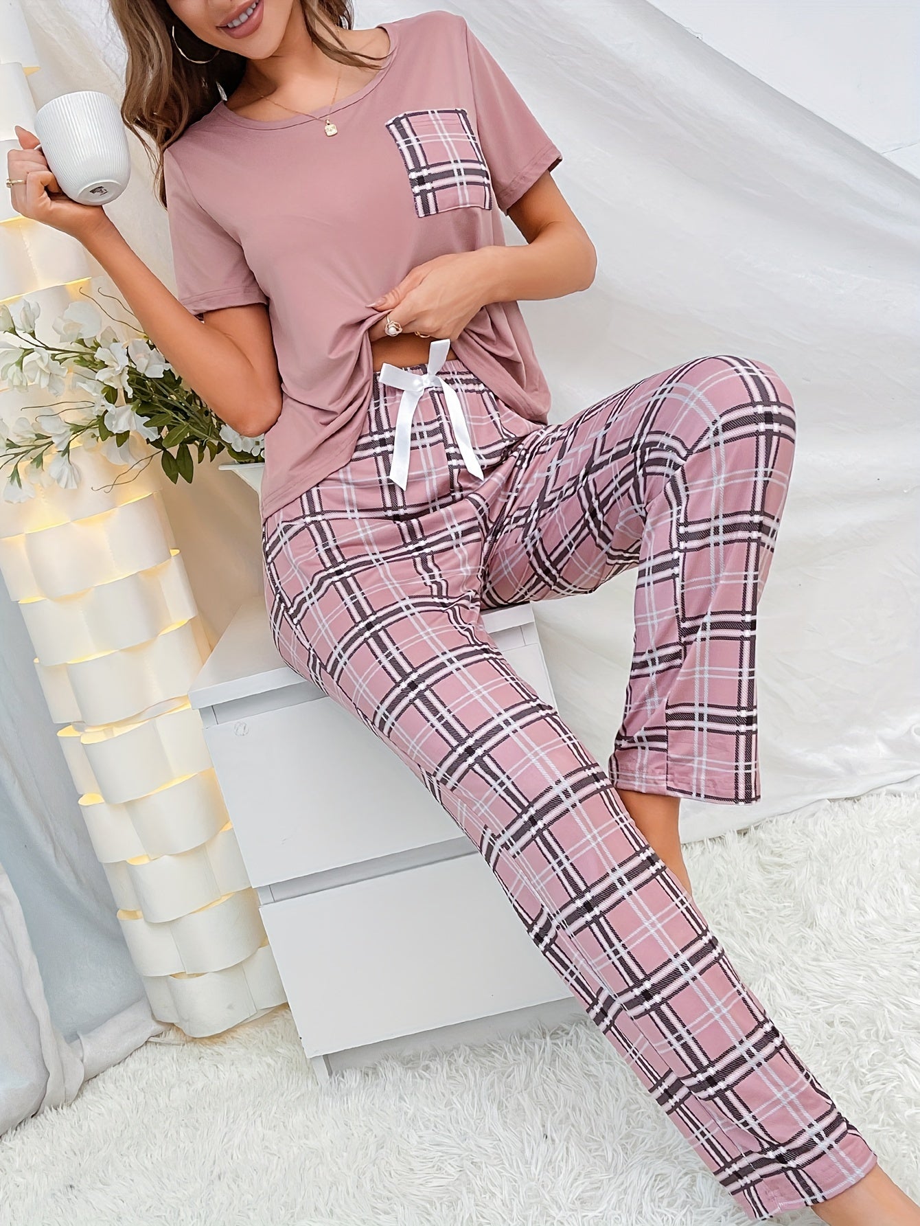 Plaid Print Pajama Set Short Sleeve Crew Neck Top & Elastic Waistband Pants