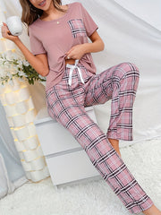 Plaid Print Pajama Set Short Sleeve Crew Neck Top & Elastic Waistband Pants