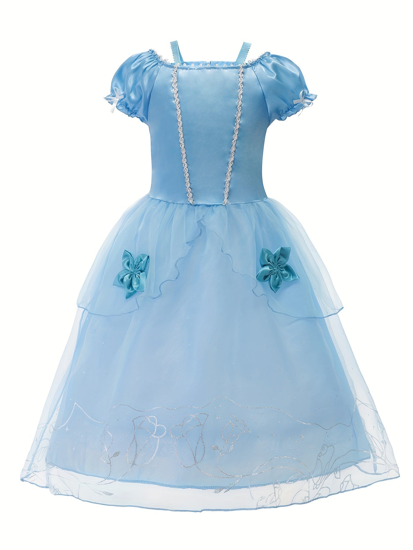 Girls Princess Dress Puff Sleeve Tulle Rose Print Floral Decor Cosplay