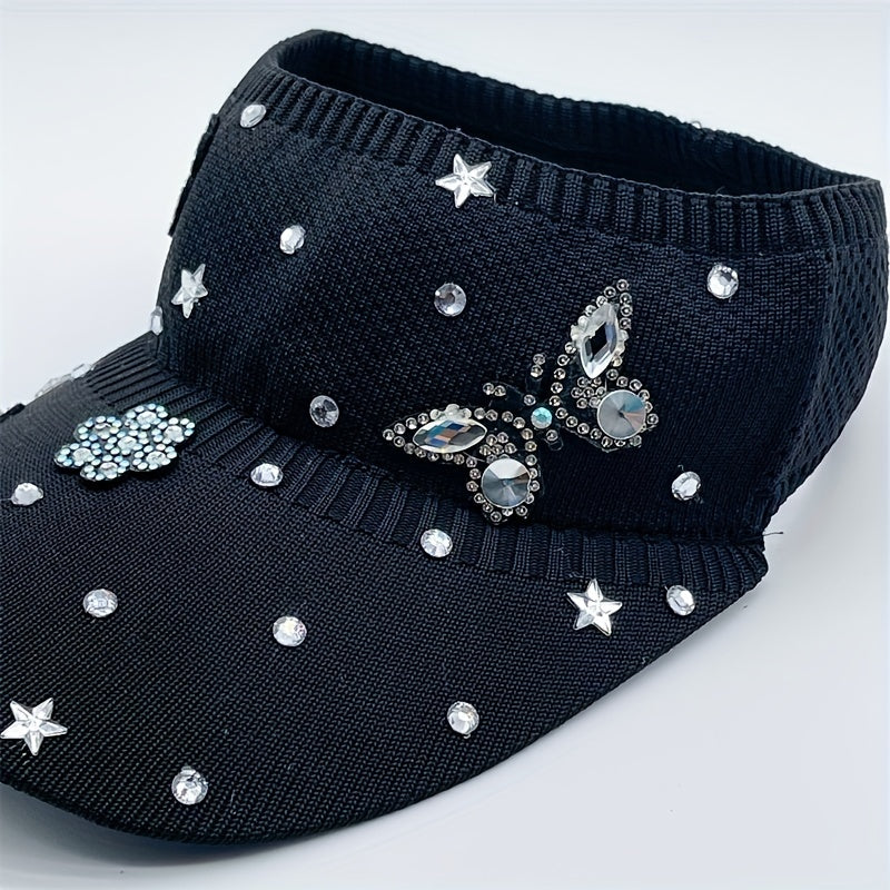 Rhinestone Butterfly Star Visor Hat Knitted Elastic Sun Hat for Women