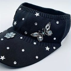 Rhinestone Butterfly Star Visor Hat Knitted Elastic Sun Hat for Women