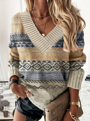 Casual Sweater Women's Plus Colorblock Geometric Print