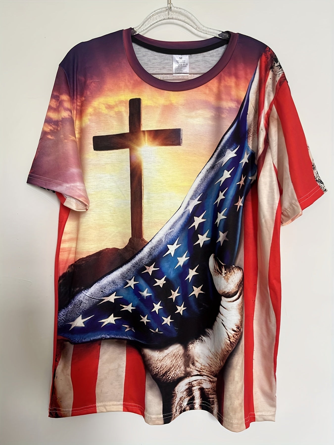 Men's American Flag & Cross Graphic T-shirt - Casual Stretch Tee