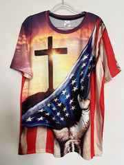 Men's American Flag & Cross Graphic T-shirt - Casual Stretch Tee