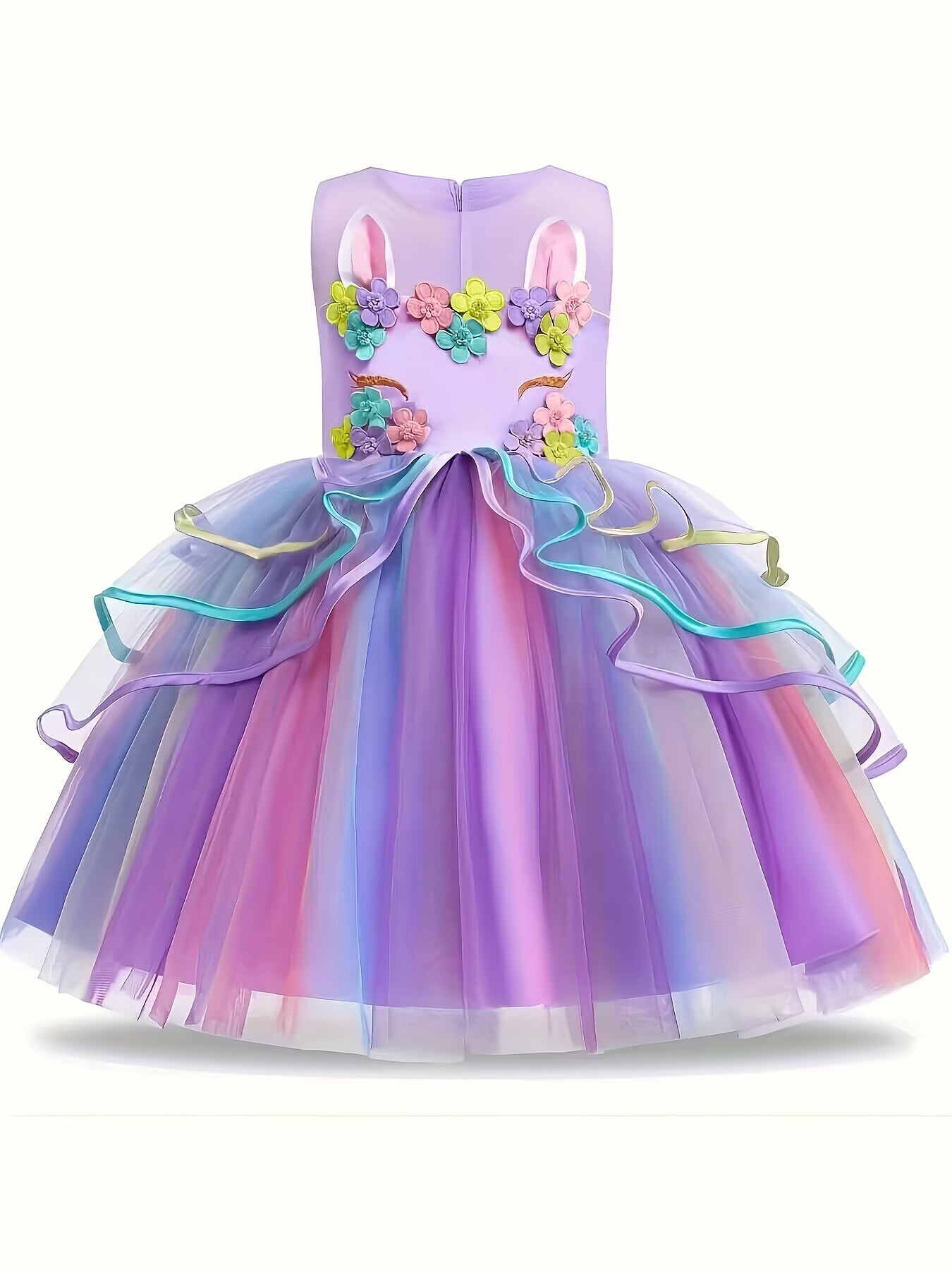 Girls Unicorn Princess Dress Unicorn Floral Print Mesh Princess Dress