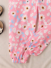 Girls Floral Heart Pattern Belted Jumpsuit Kids Casual Summer Outfit